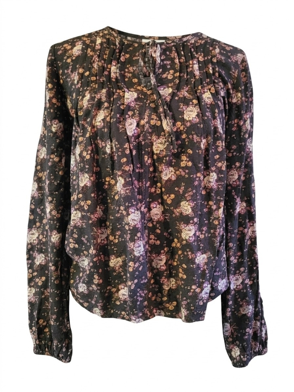 Lucky Brand Black Floral Pintuck Long-Sleeve Blouse